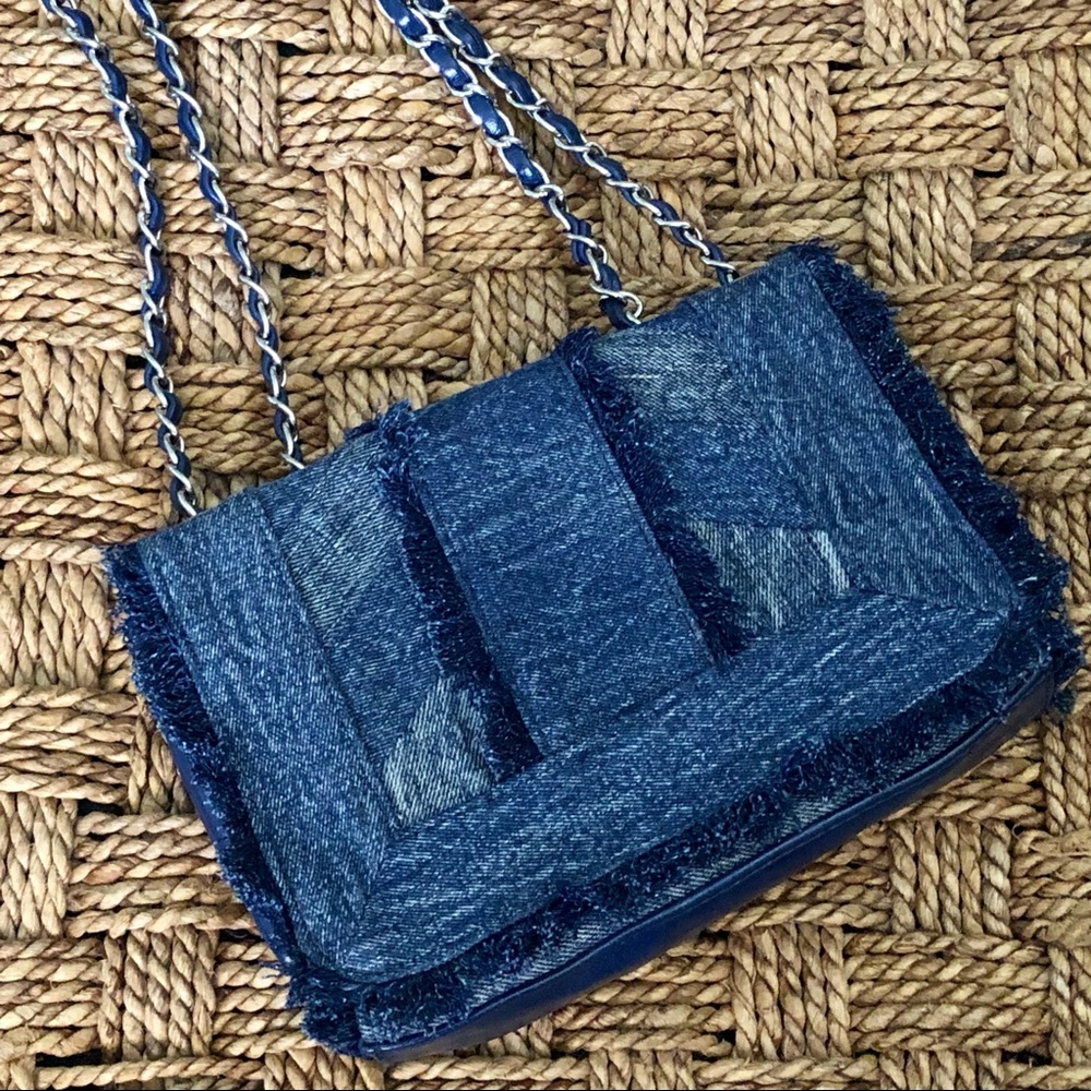 Chico’s Britney Clutch Bag Denim Patch Style w/Fringe Silver Chain Faux Leather